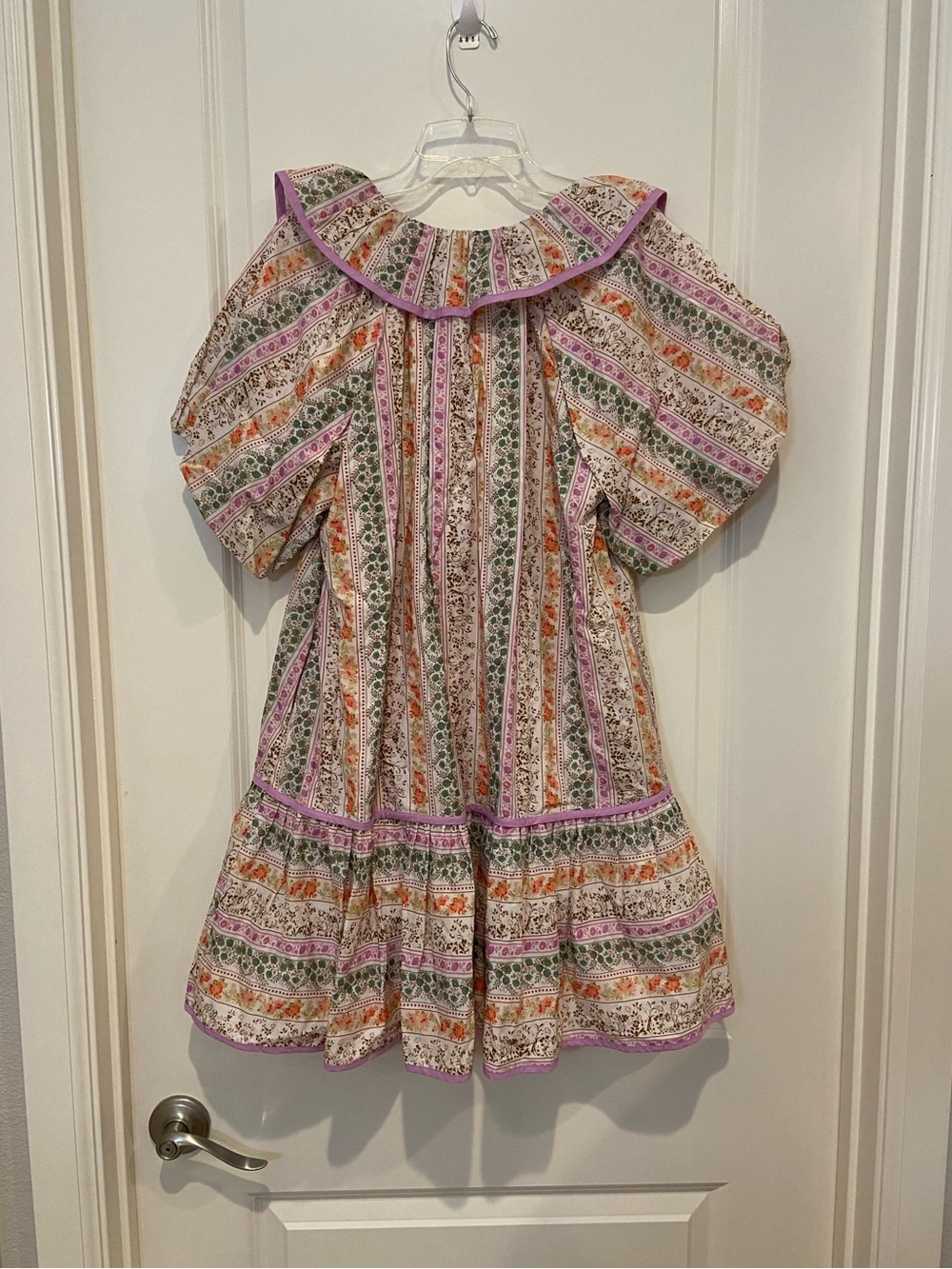 New Boho Floral Striped Ruffle Tiered Puff Sleeve Dress with Ruffle Bib Collar - Picture 5 of 7